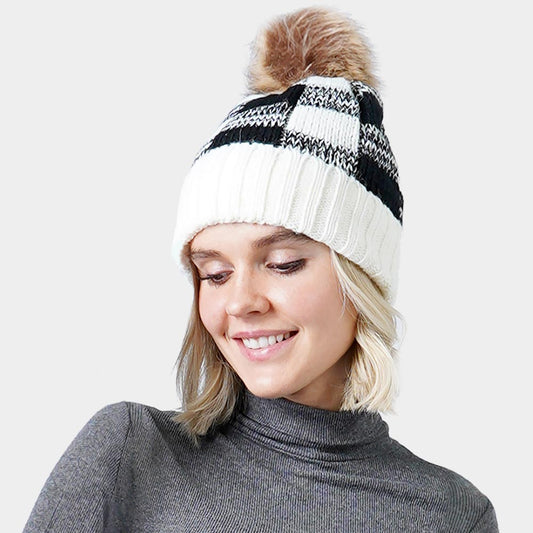 White Buffalo Check Pattern Faux Pom Pom Knit Beanie Hat