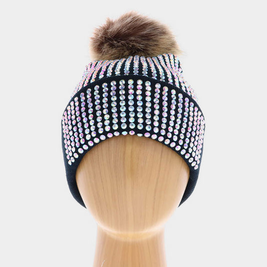 Black Double Layer Bedazzled Cuffed Pom Pom Beanie Hat 