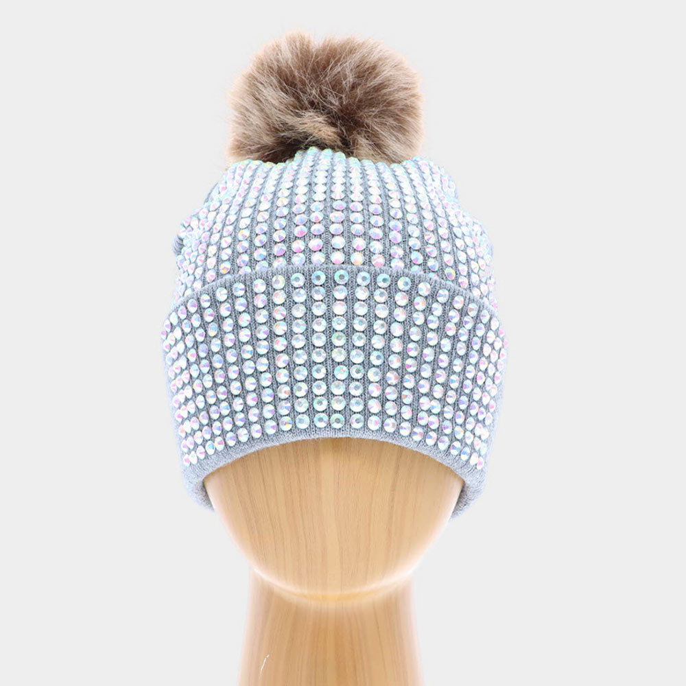 Gray Double Layer Bedazzled Cuffed Pom Pom Beanie Hat 