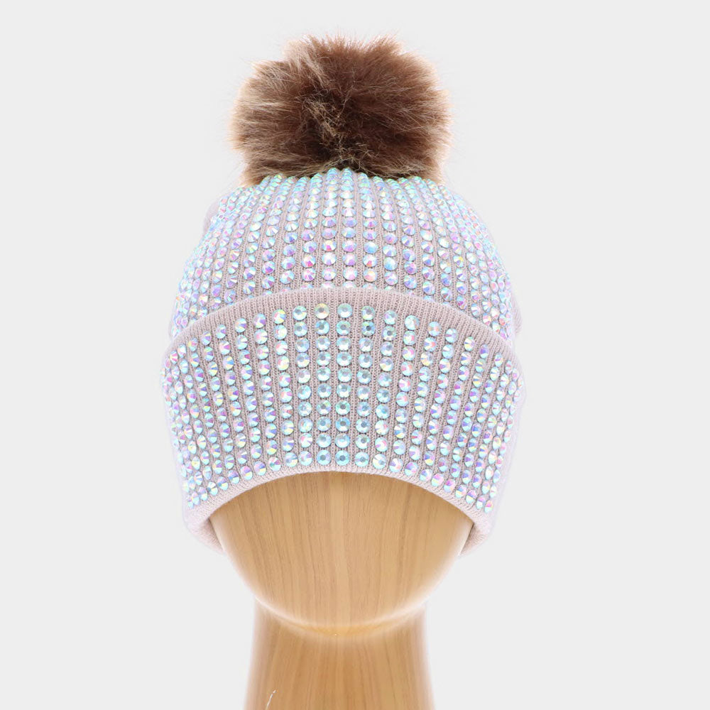 AB Double Layer Bedazzled Cuffed Pom Pom Beanie Hat 