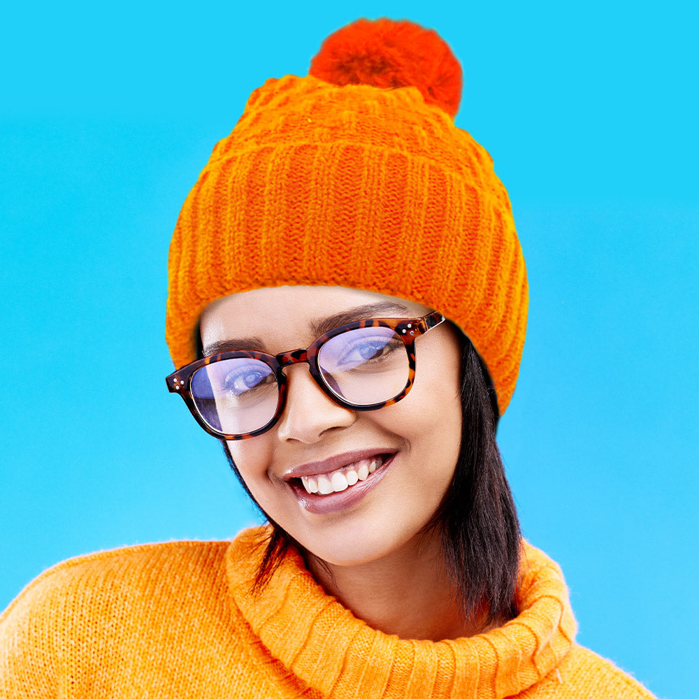 Orange Fleece Lining Solid Knit Faux Fur Pom Pom Beanie Hat