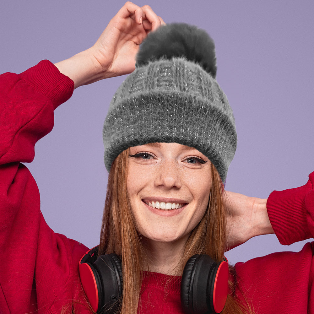 Gray Fleece Lining Pom Pom Beanie Hat