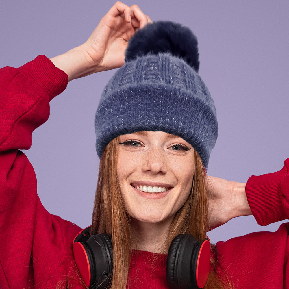 Navy Fleece Lining Pom Pom Beanie Hat