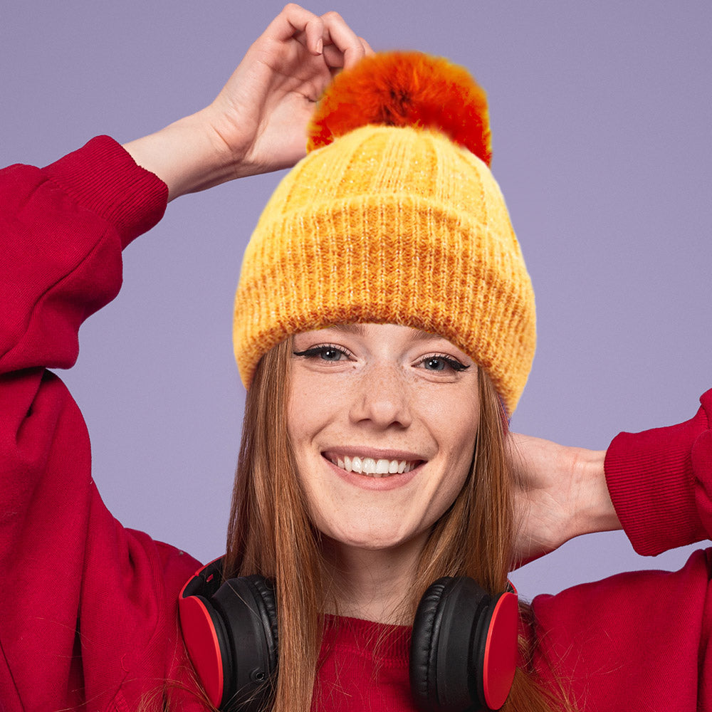 Orange Fleece Lining Pom Pom Beanie Hat