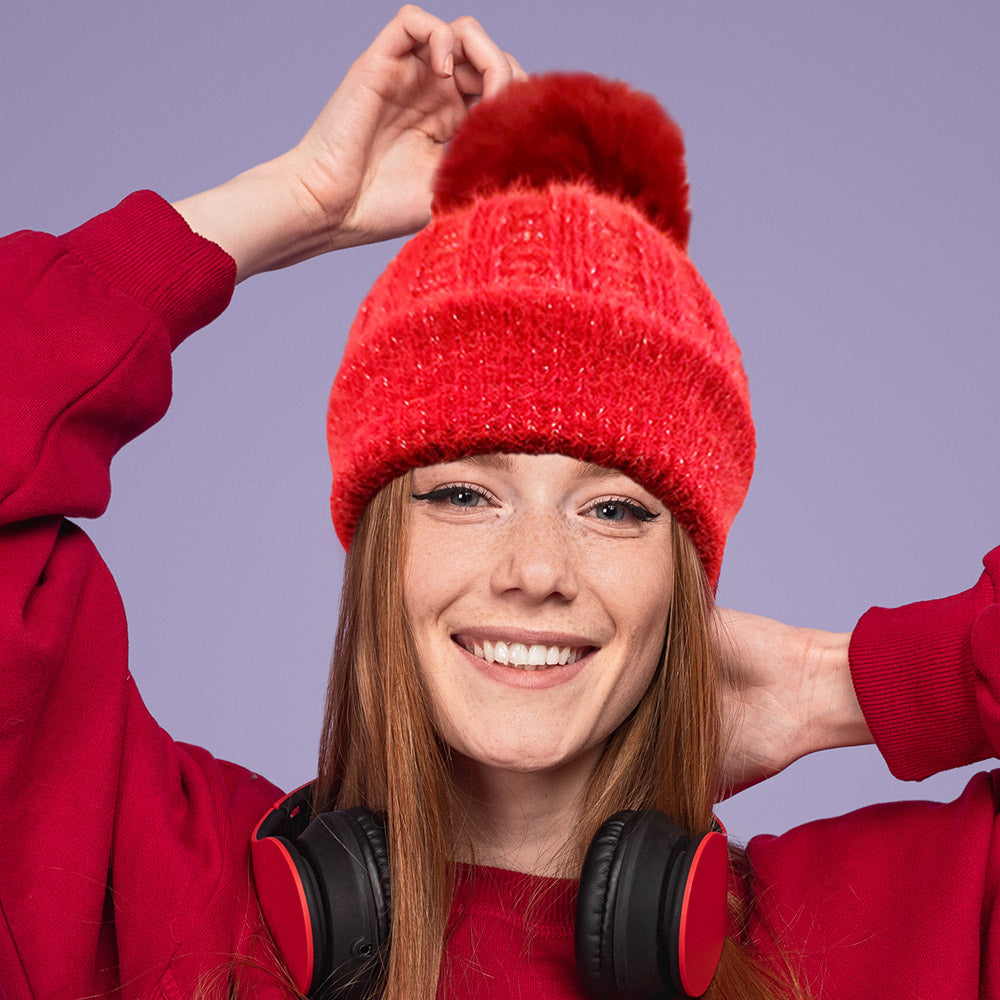 Red Fleece Lining Pom Pom Beanie Hat