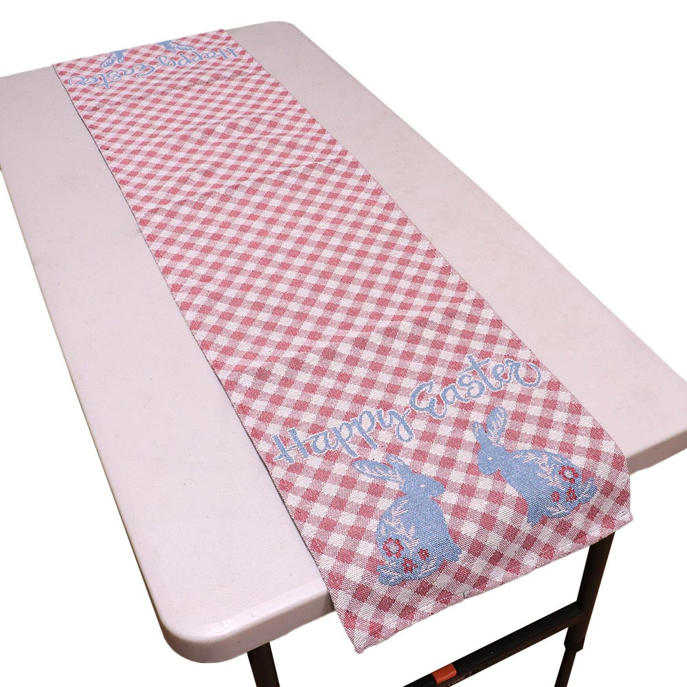 Multi HAPPY EASTER Message Bunny Checkered Table Runner is the perfect addition to your Easter dinner table. Featuring a cute bunny design and a festive "HAPPY EASTER" message, it will add a touch of springtime cheer to your dining area. Made from durable materials, it will be a long-lasting addition to your holiday decor. 