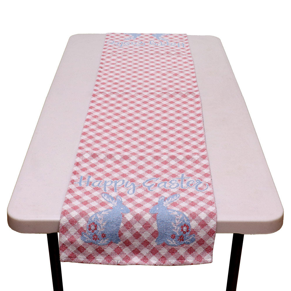 Multi HAPPY EASTER Message Bunny Checkered Table Runner is the perfect addition to your Easter dinner table. Featuring a cute bunny design and a festive "HAPPY EASTER" message, it will add a touch of springtime cheer to your dining area. Made from durable materials, it will be a long-lasting addition to your holiday decor. 