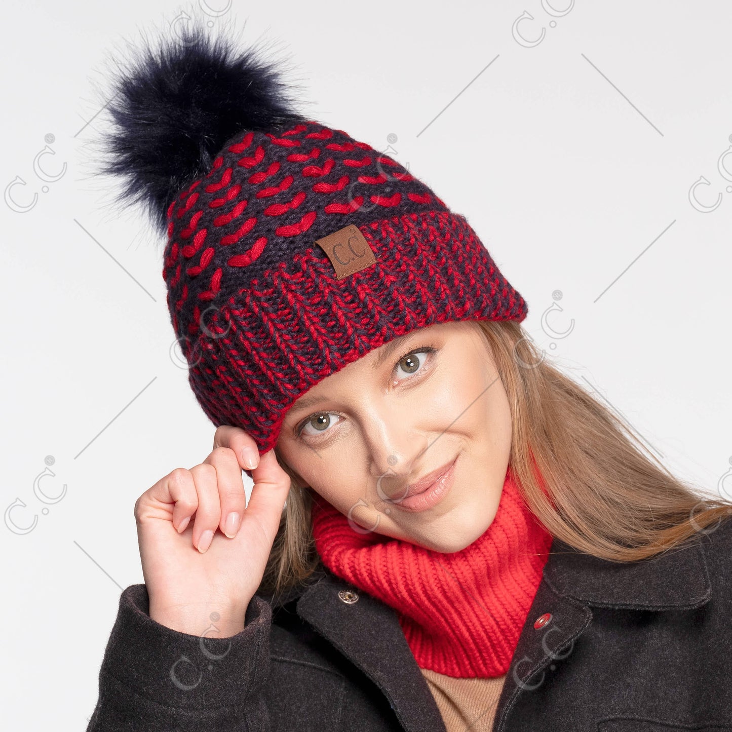 C.C Heart Beanie With Faux Fur Pom