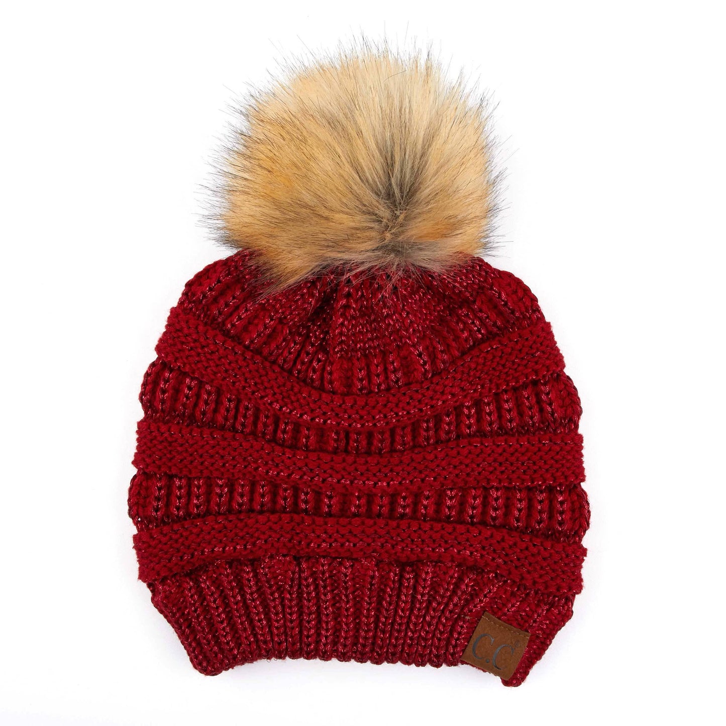 C.C Solid Ribbed Metallic Beanie With Fur Pom Pom