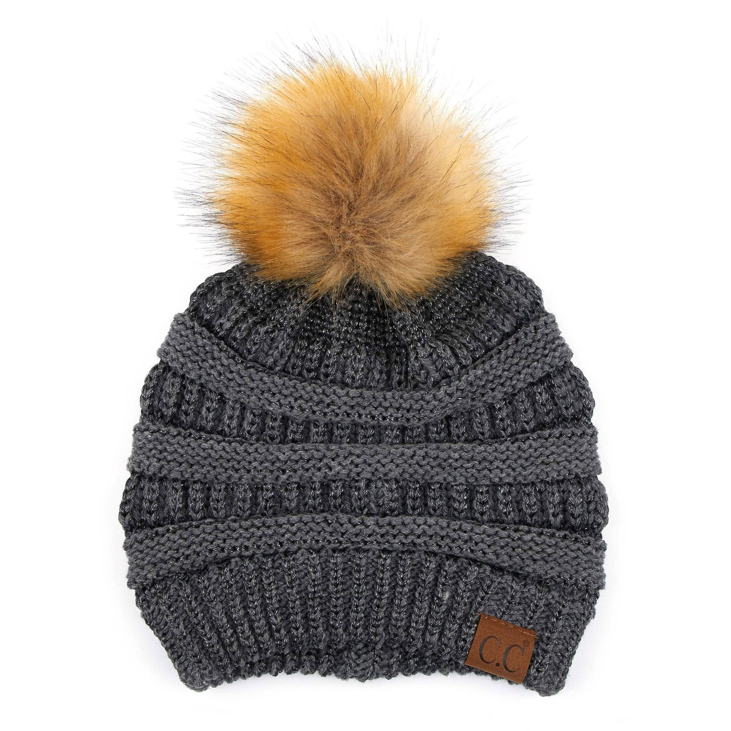 C.C Solid Ribbed Metallic Beanie With Fur Pom Pom