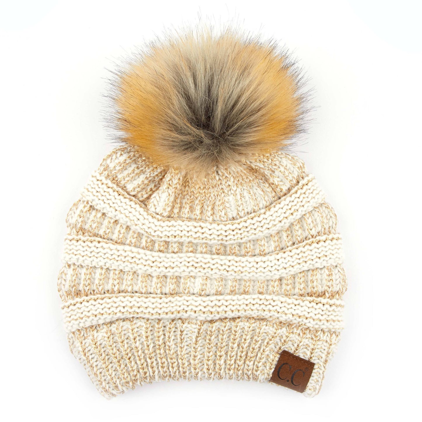 C.C Solid Ribbed Metallic Beanie With Fur Pom Pom