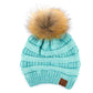 C.C Solid Ribbed Metallic Beanie With Fur Pom Pom