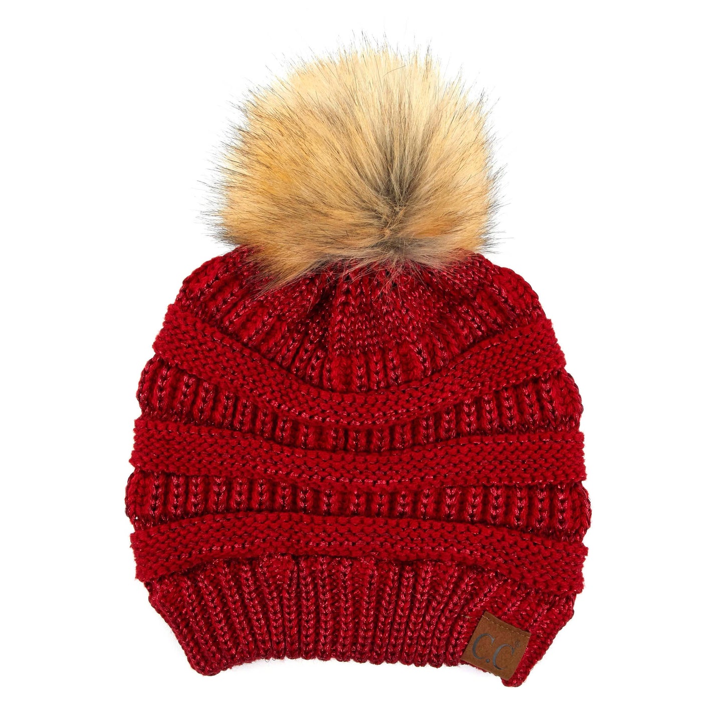 C.C Solid Ribbed Metallic Beanie With Fur Pom Pom
