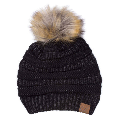 C.C Solid Ribbed Metallic Beanie With Fur Pom Pom