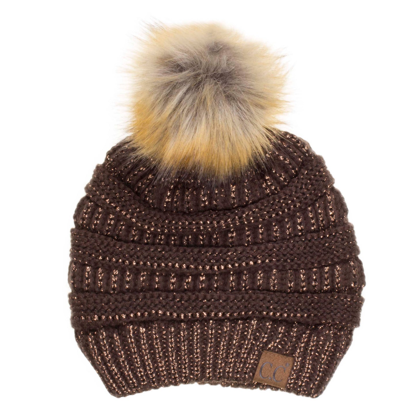 C.C Solid Ribbed Metallic Beanie With Fur Pom Pom