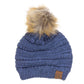 C.C Solid Ribbed Metallic Beanie With Fur Pom Pom