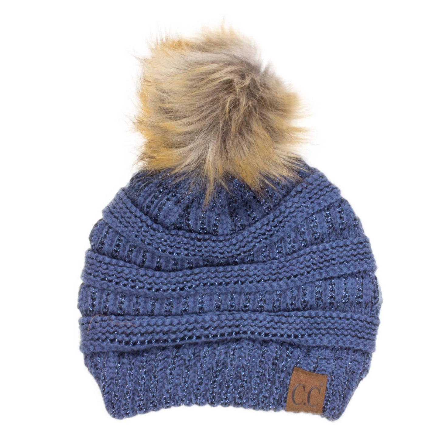 C.C Solid Ribbed Metallic Beanie With Fur Pom Pom