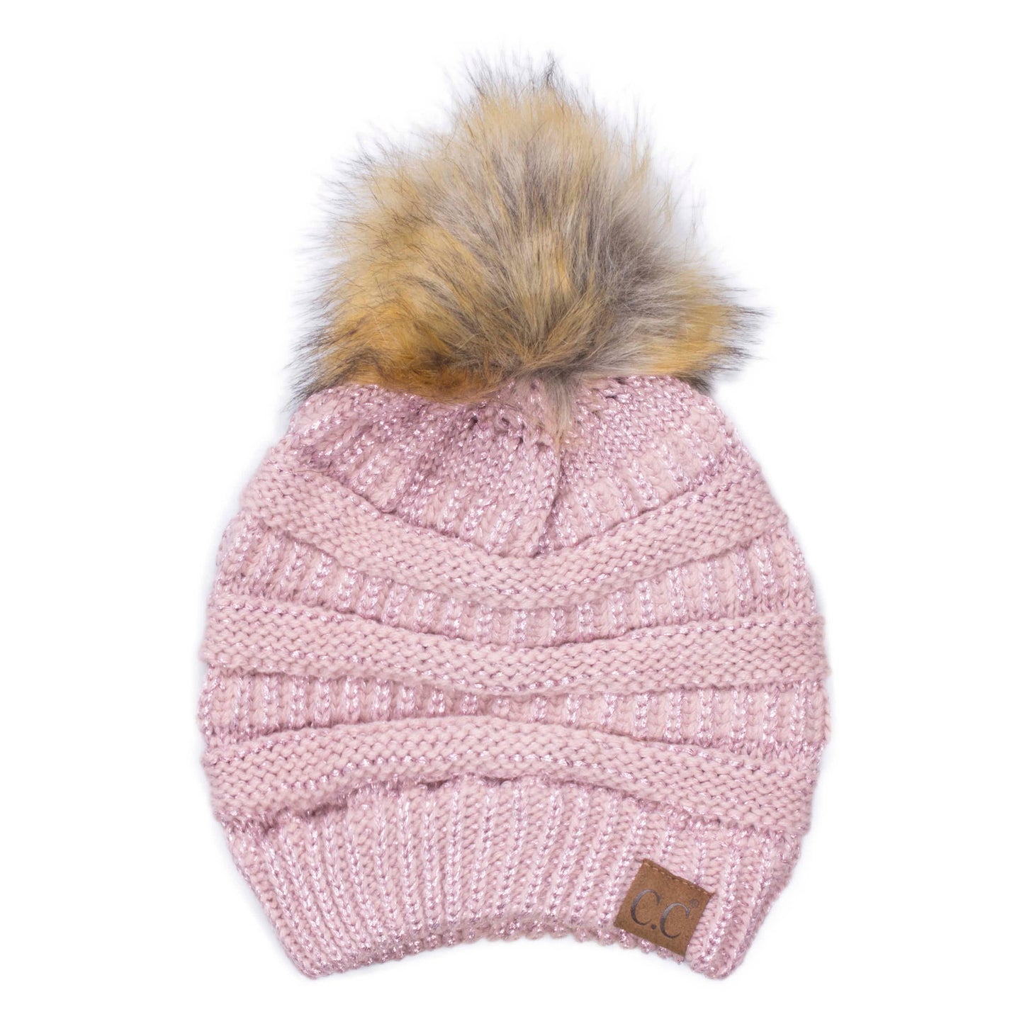 C.C Solid Ribbed Metallic Beanie With Fur Pom Pom