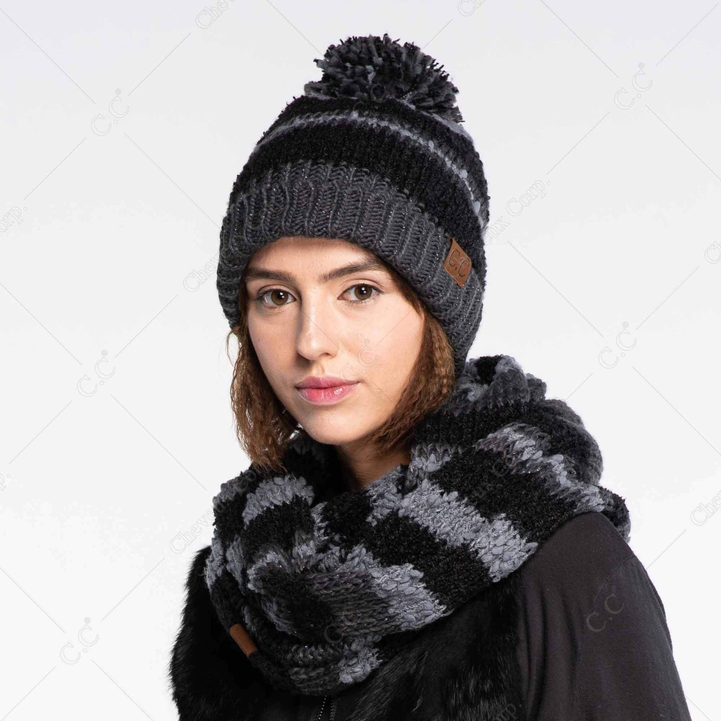 C.C Striped Beanie Hat With Pom And Fuzzy Lining