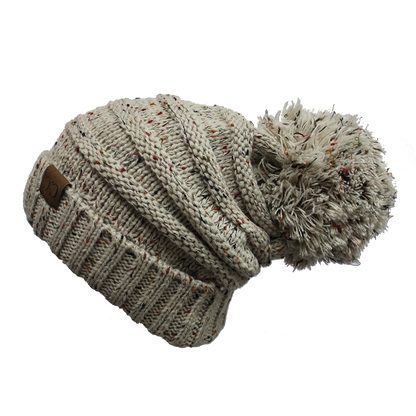 C.C Oversized Cable Knit Confetti Hat With 15 Cm Pom - Oatmeal - Hats