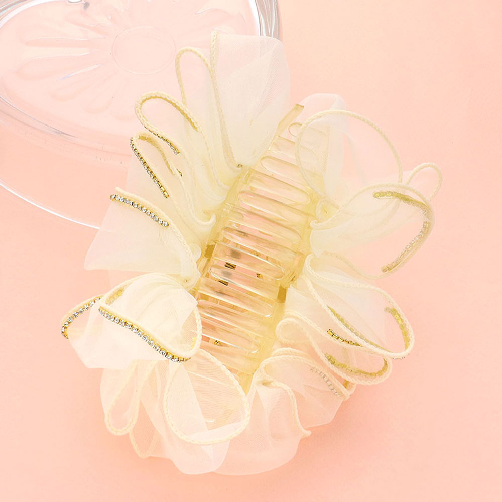 Madeline Love Ivory Rhinestone Paved Rim Edge Bow Hair Claw Clip - Hair Accessories - desc