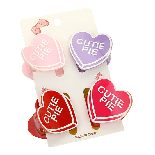 4PCS - CUTIE PIE Message Acetate Heart Hair Claw Clips - Multi