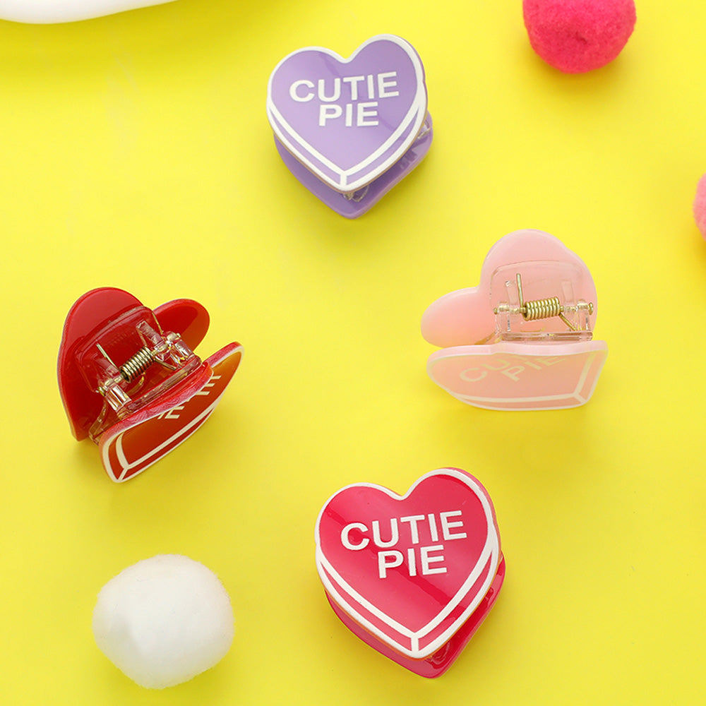4PCS - CUTIE PIE Message Acetate Heart Hair Claw Clips - Multi