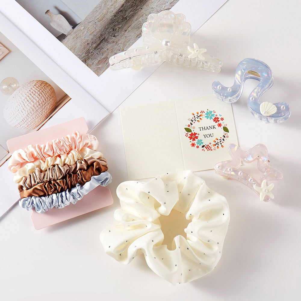 Madeline Love Assorted 9PCS - Pearl Embellished Cellulose Acetate Shell Starfish Pointed Hair Claw Clips Stretchable Hairbands Set - Hair Accessories