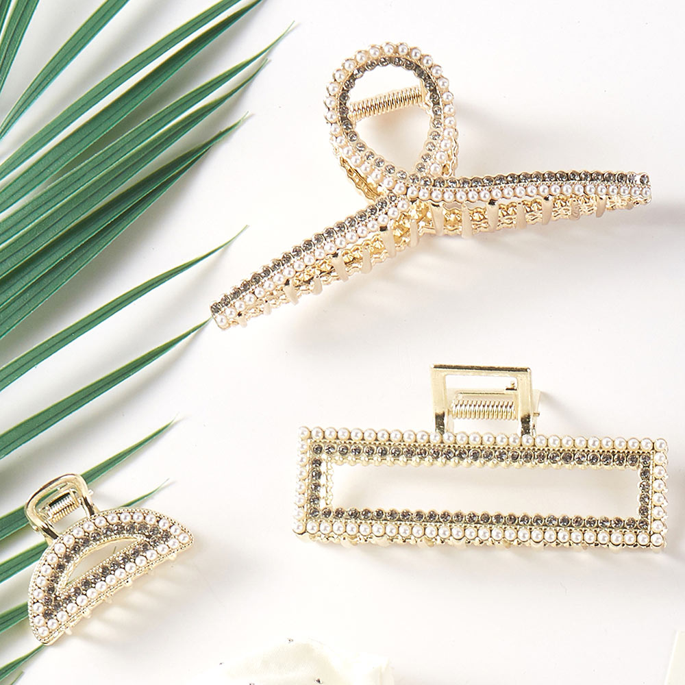 Madeline Love Cream, Gold 3PCS - Geometric Rhinestone Pearl Embellished Hair Claw Clip Set - Hair Accessories