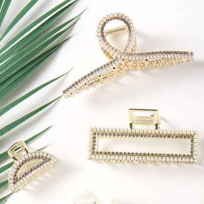Madeline Love Cream, Gold 3PCS - Geometric Rhinestone Pearl Embellished Hair Claw Clip Set - Hair Accessories