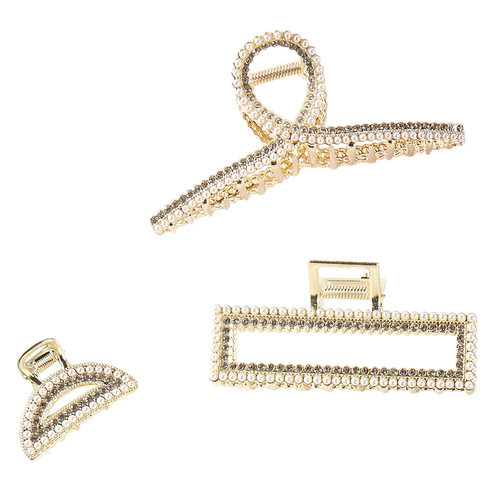 Madeline Love Cream, Gold 3PCS - Geometric Rhinestone Pearl Embellished Hair Claw Clip Set - Hair Accessories - desc