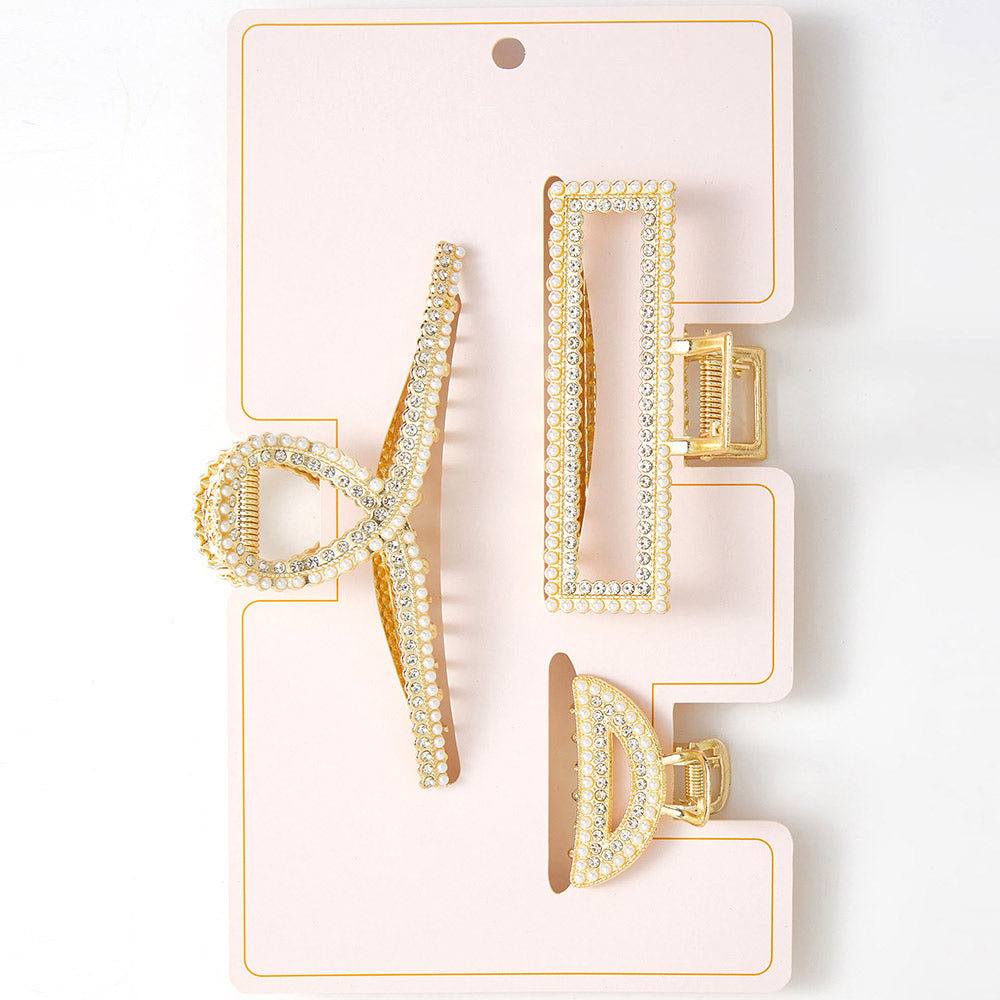 Madeline Love Cream, Gold 3PCS - Geometric Rhinestone Pearl Embellished Hair Claw Clip Set - Hair Accessories - extra
