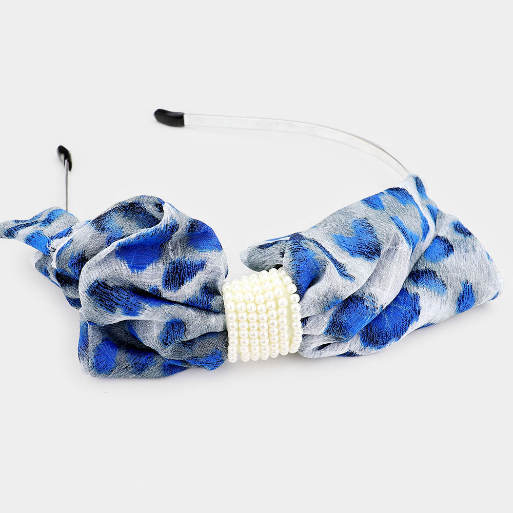 Madeline Love Blue Leopard Pattern Print Bow pearl Headband - Hair Accessories