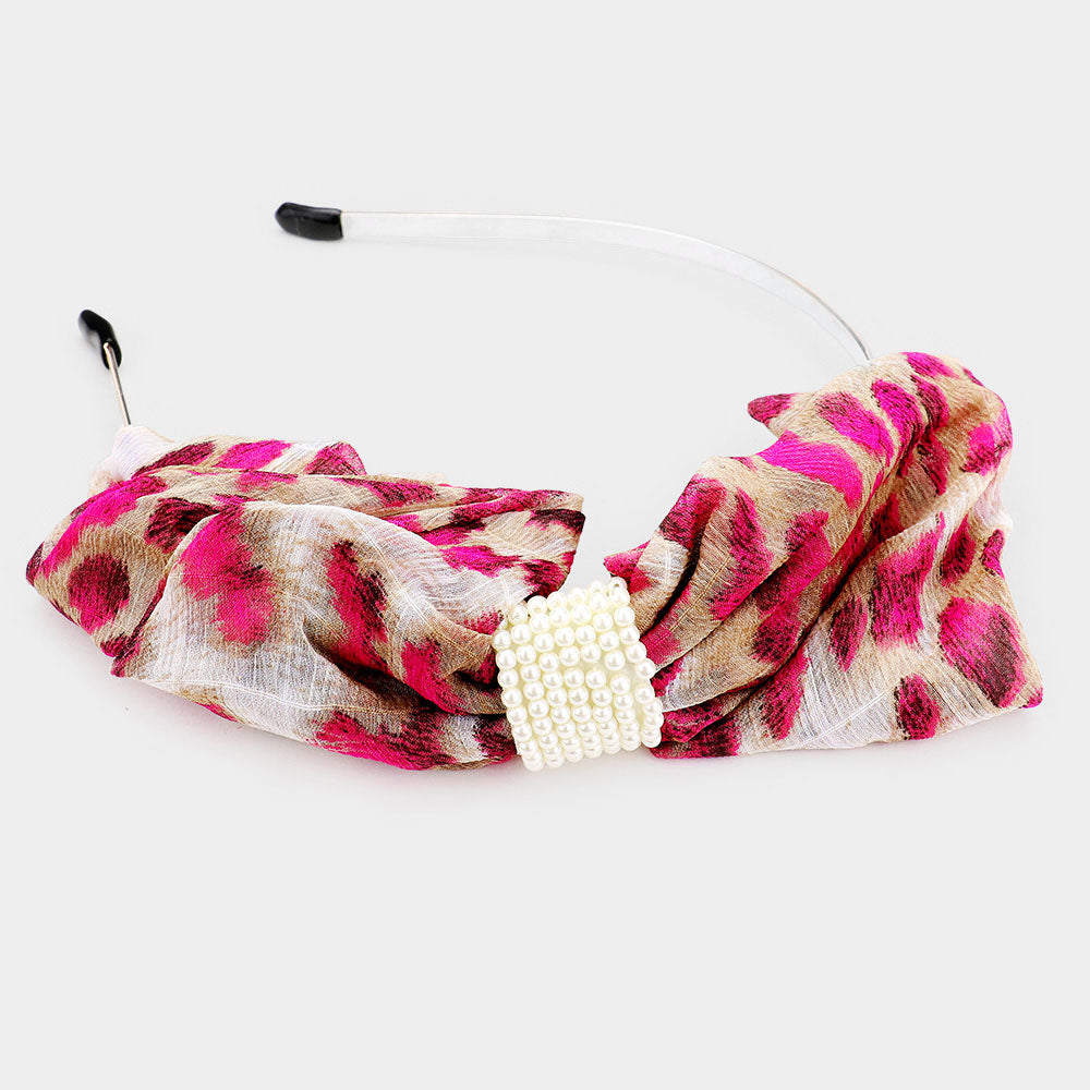 Madeline Love Fuchsia Leopard Pattern Print Bow pearl Headband - Hair Accessories