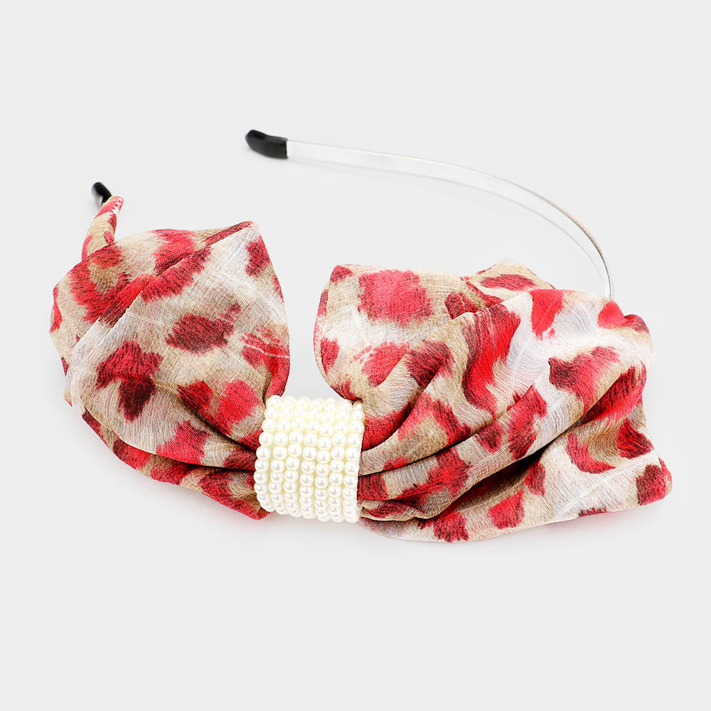 Madeline Love Red Leopard Pattern Print Bow pearl Headband - Hair Accessories