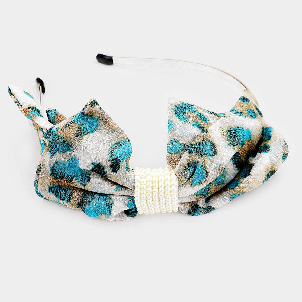 Madeline Love Teal Leopard Pattern Print Bow pearl Headband - Hair Accessories