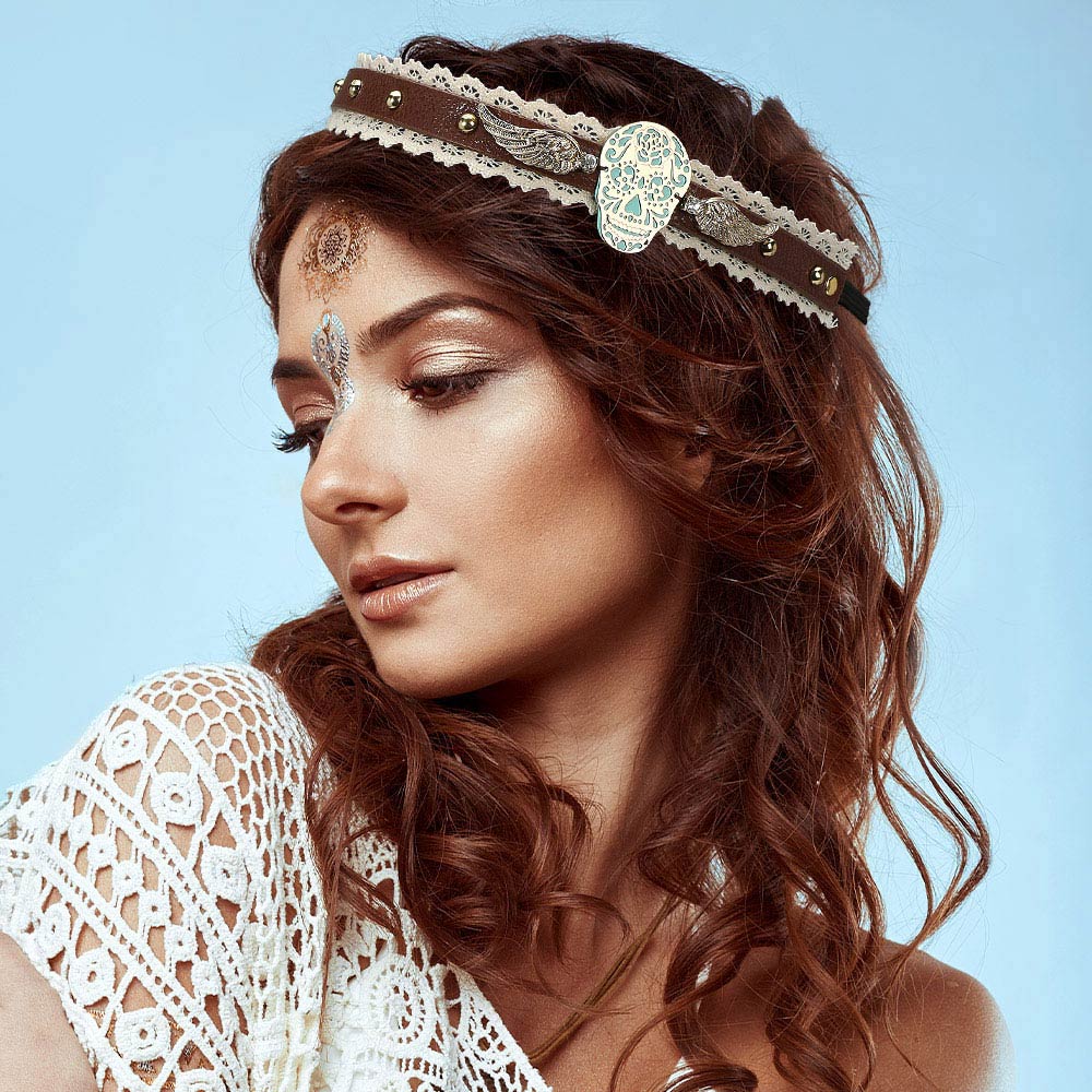 Madeline Love Brown, Turquoise, Worn Gold Day of the Dead Mexican Sugar Skull & Wings Faux Leather Lace Stretch Headband - Hair Accessories