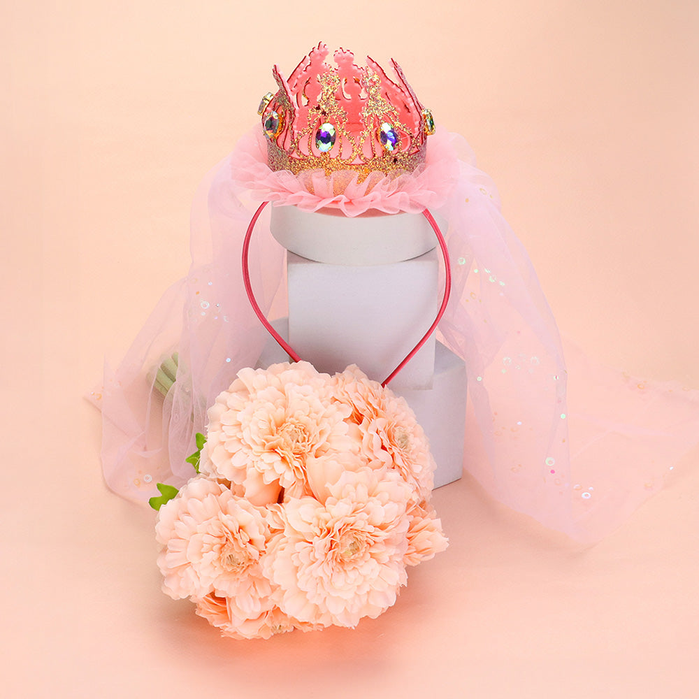Madeline Love Pink Birthday Crown Veil Headband - Hair Accessories