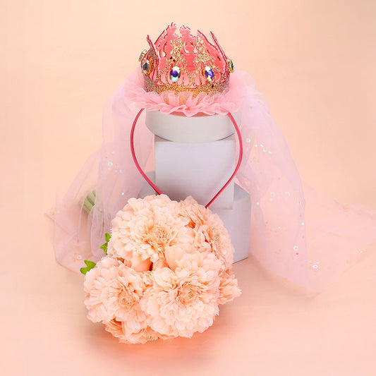 Madeline Love Pink Birthday Crown Veil Headband - Hair Accessories