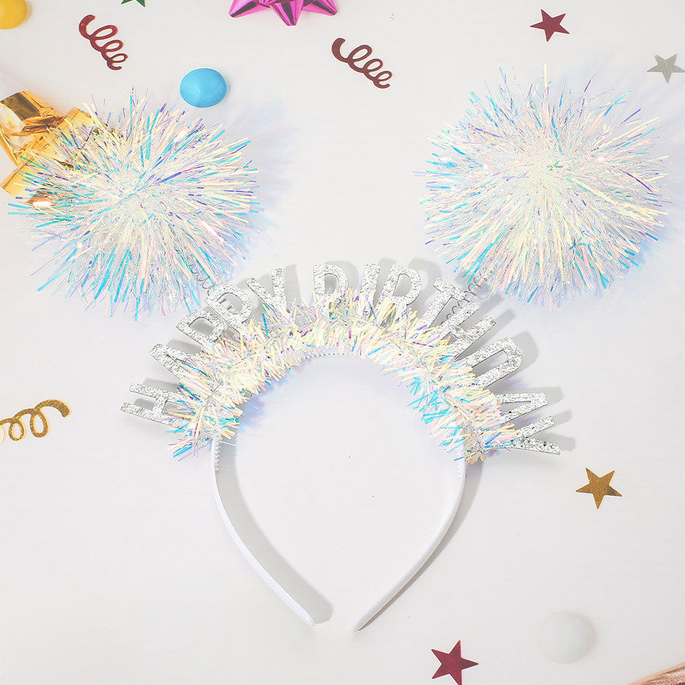 Madeline Love AB HAPPY BIRTHDAY Double Tinsel Pom Pom Headband - Hair Accessories