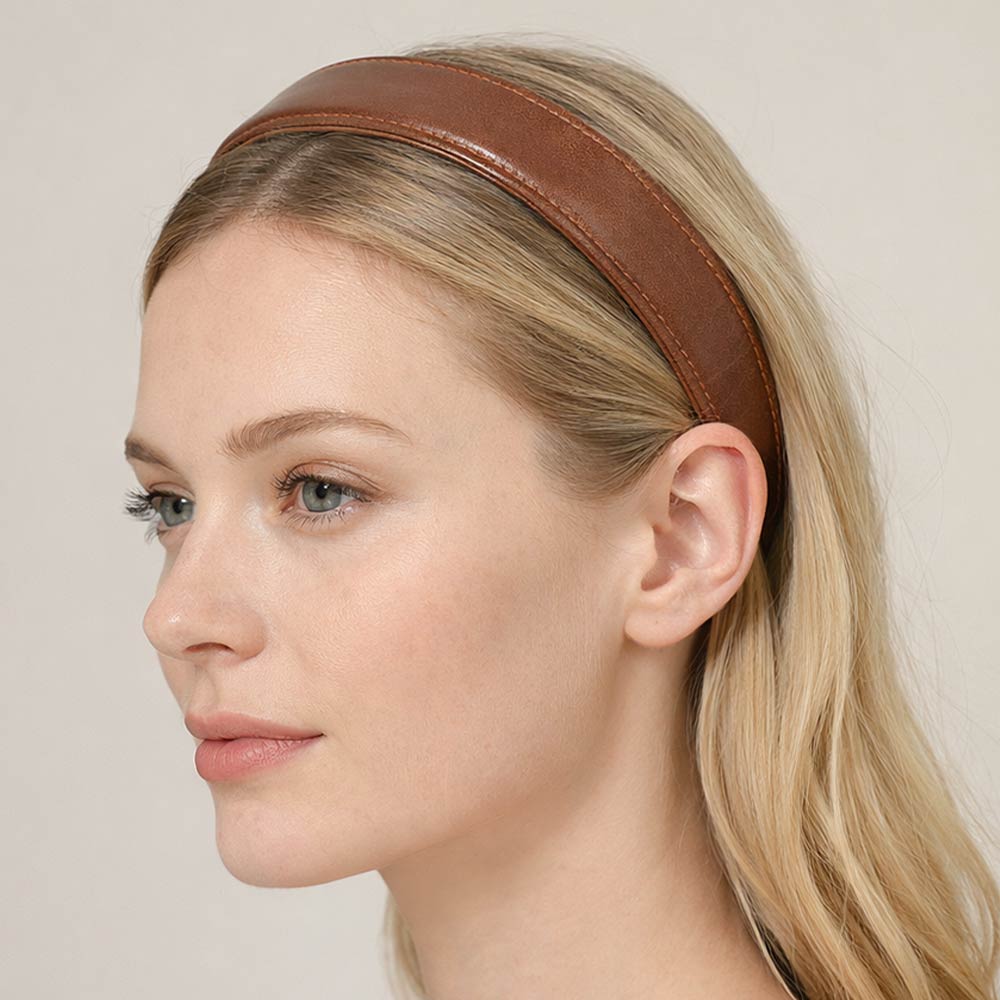 Madeline Love Brown Classic Stitched Faux Leather Wide Headband - Hair Accessories