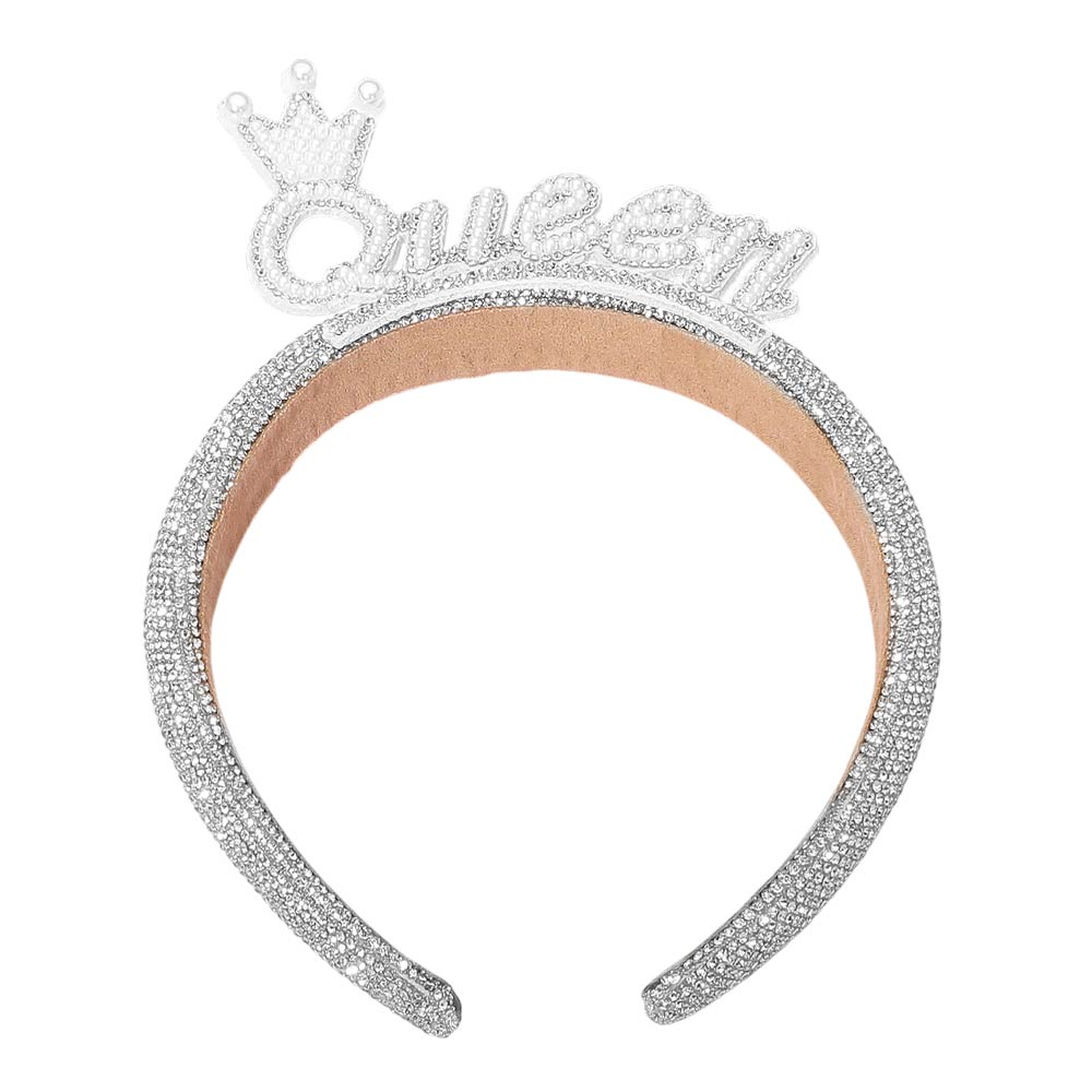 Madeline Love Silver Pearl QUEEN Crown Accent Bling Studded Headband - Hair Accessories - desc