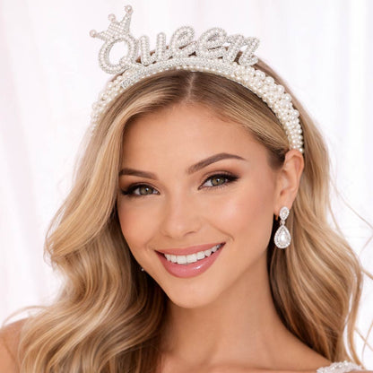 Madeline Love Silver Pearl Embellished QUEEN Crown Statement Headband - Hair Accessories