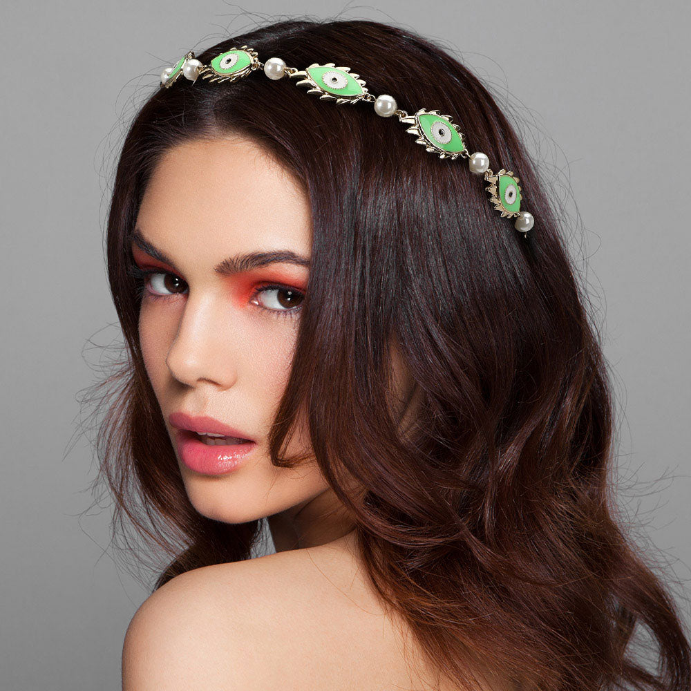 Madeline Love Gold, Green Evil Eye Metal Stretch Headband - Hair Accessories