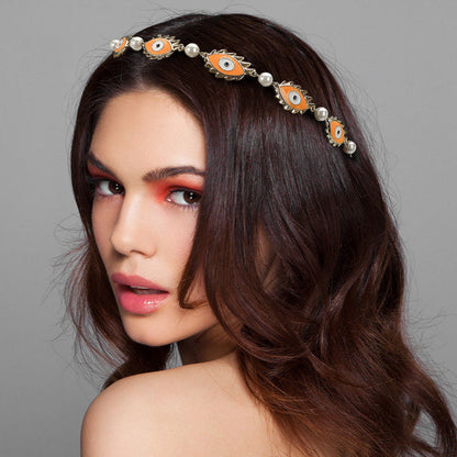 Madeline Love Gold, Orange Evil Eye Metal Stretch Headband - Hair Accessories