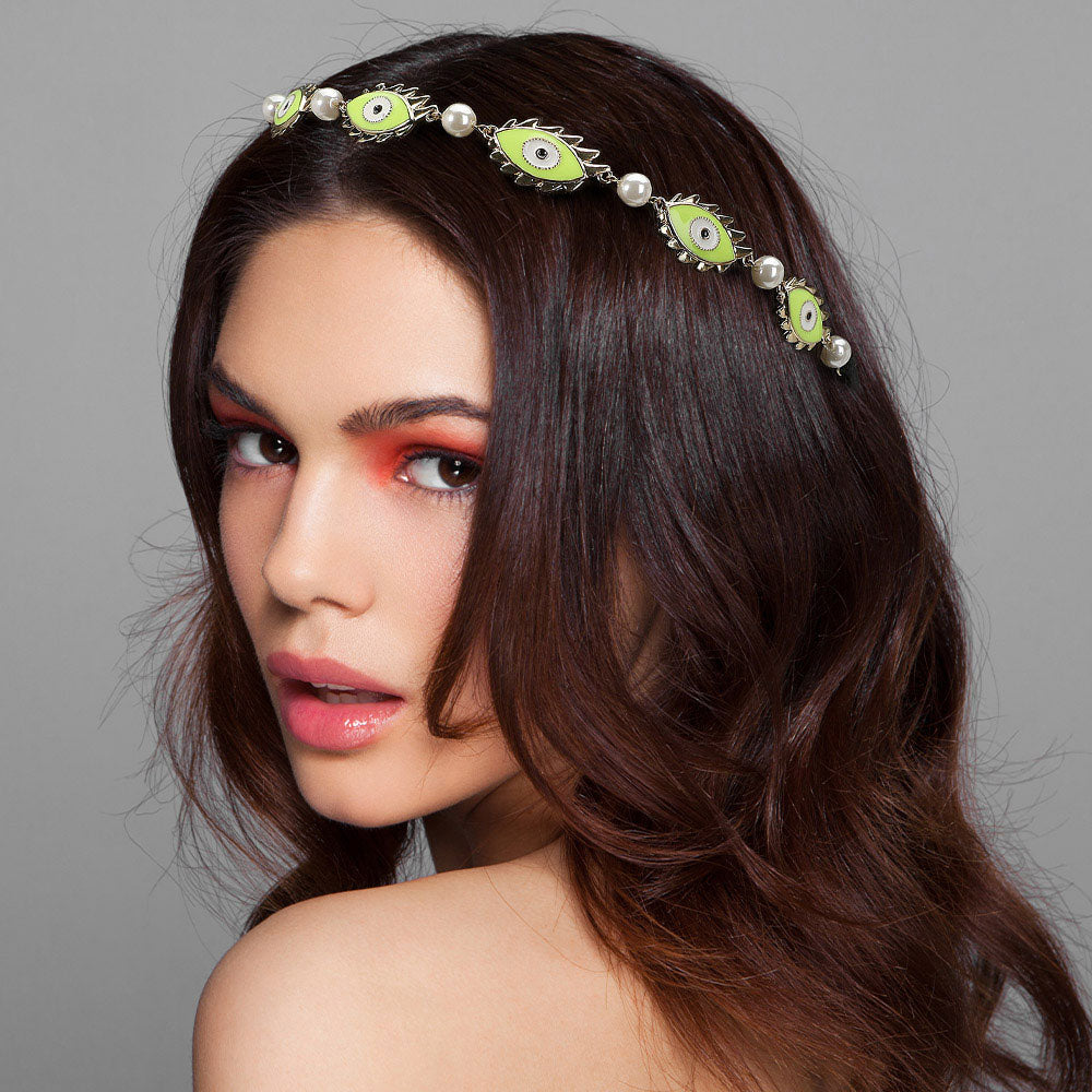 Madeline Love Gold, Yellow Evil Eye Metal Stretch Headband - Hair Accessories