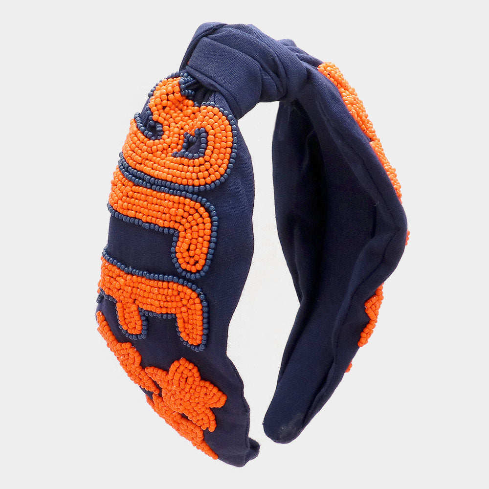 Madeline Love Navy, Orange Game Day Seed Beaded ACE Message Star Knot Burnout Headband - Hair Accessories