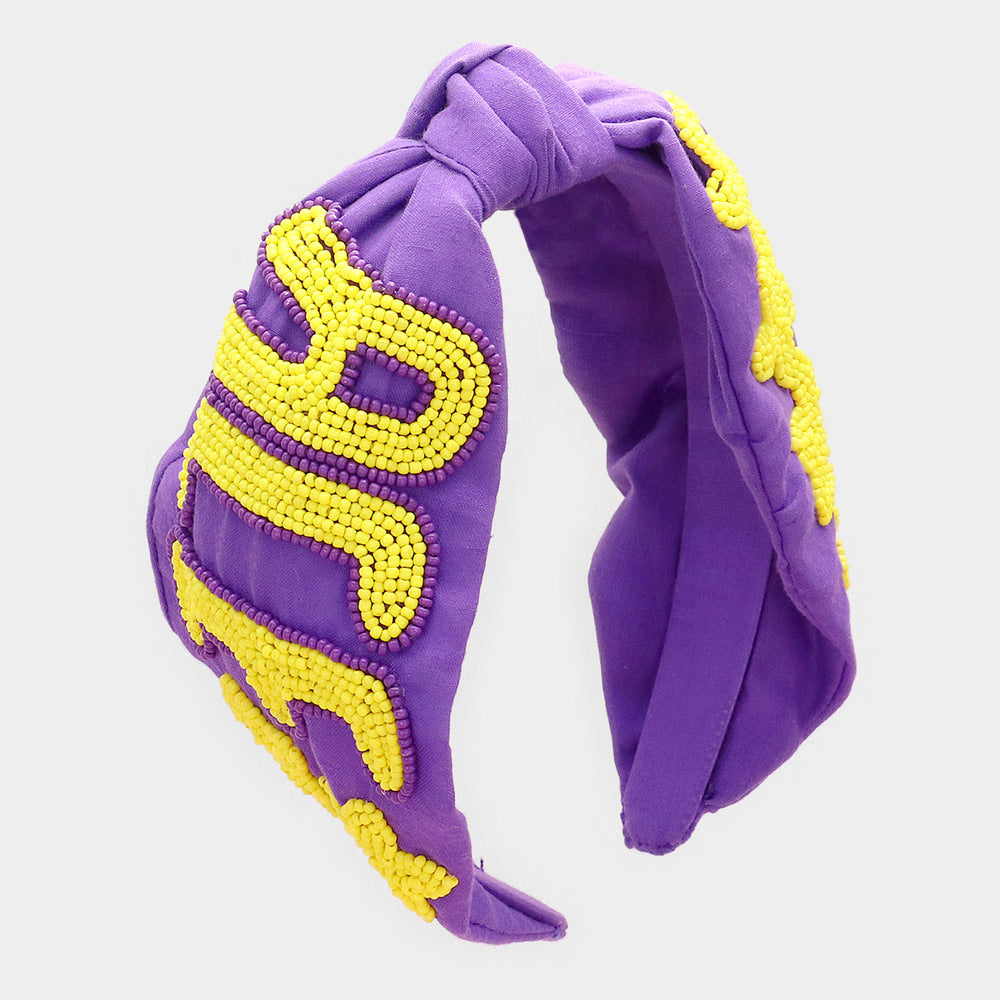 Madeline Love Purple , Yellow Game Day Seed Beaded ACE Message Star Knot Burnout Headband - Hair Accessories