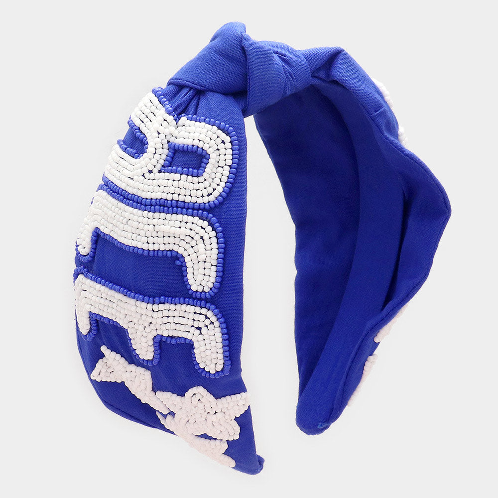 Madeline Love Blue&White, Royal Blue, White Game Day Seed Beaded ACE Message Star Knot Burnout Headband - Hair Accessories