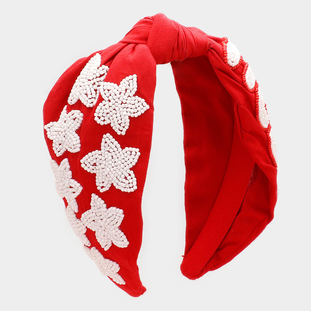 Madeline Love Red, White Game Day Seed Beaded ACE Message Star Knot Burnout Headband - Hair Accessories